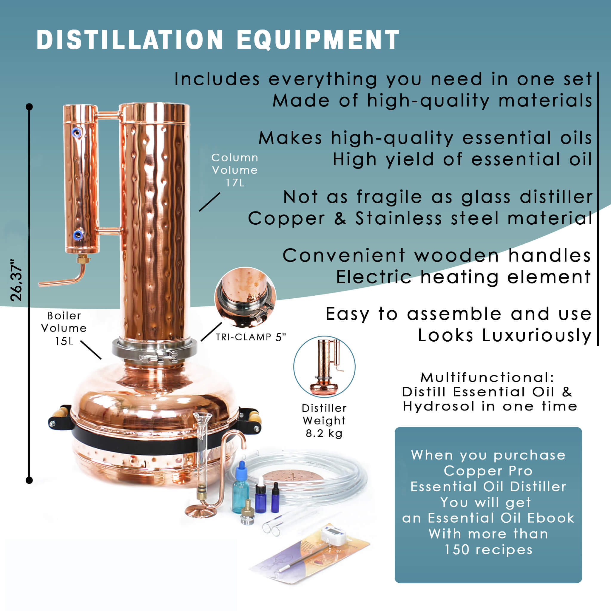 Electric Essential Oil Distiller 4G (15L) | column 1.2G(4.7L) - 2.2G(8.3L) - Copper Pro