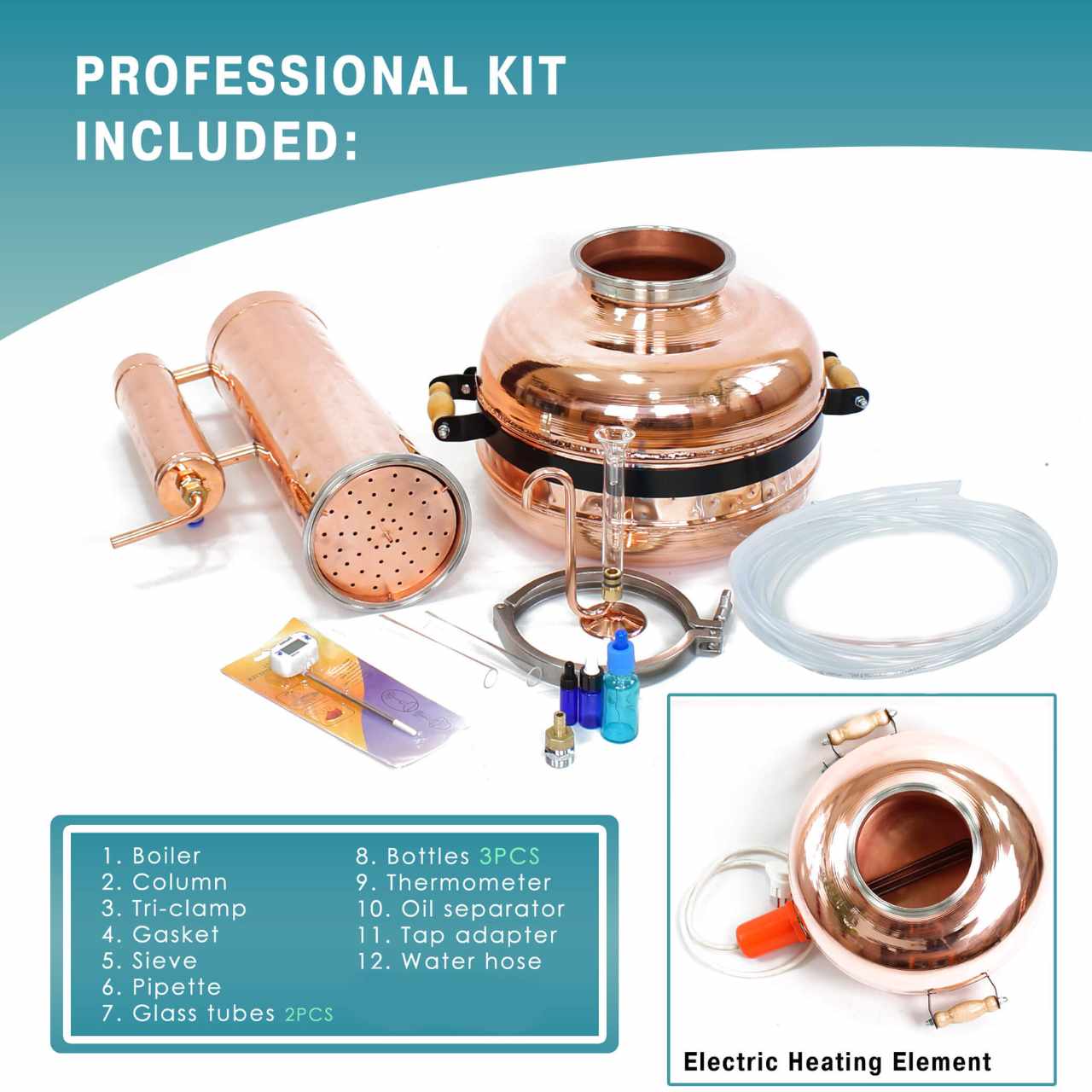 Electric Essential Oil Distiller 6.6G (25L) | column 4.8G (18L) - 7.4G (28L) Proffesional Kit - Copper Pro