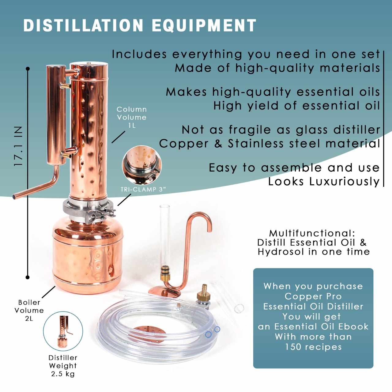 Essential Oil Distiller 0,53G (2L) | column 0,26G (1L) - Basic Kit - BEST SELLER!!! - Copper Pro