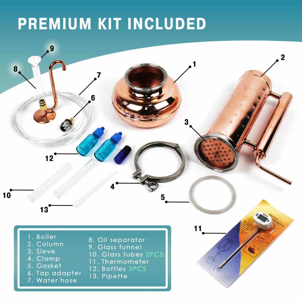 Essential Oil Distiller 0.53G (2L) | column 0.26G (1L) - Premium Kit - BEST SELLER!!! - Copper Pro