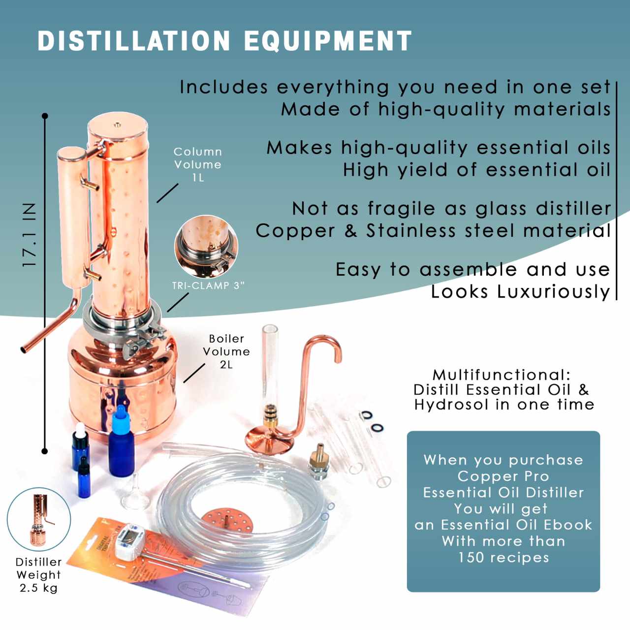 Essential Oil Distiller 0.53G (2L) | column 0.26G (1L) - Premium Kit - BEST SELLER!!! - Copper Pro