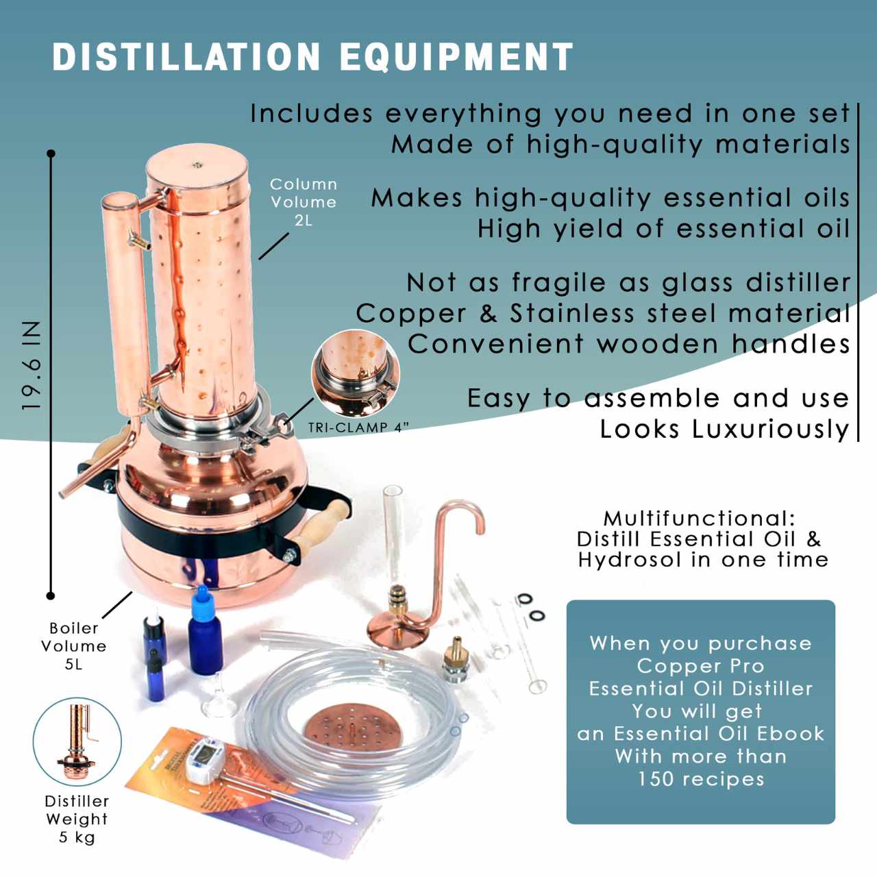 Essential Oil Distiller 1.3G (5L) | column 0.53G (2L) - Premium Kit - Copper Pro