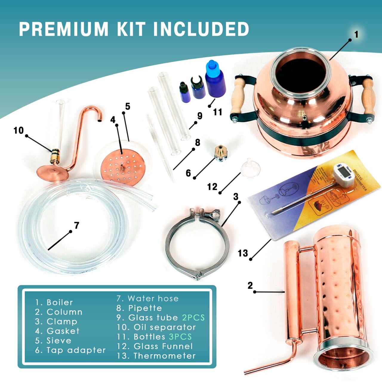 Essential Oil Distiller 1.3G (5L) | column 0.53G (2L) - Premium Kit - Copper Pro