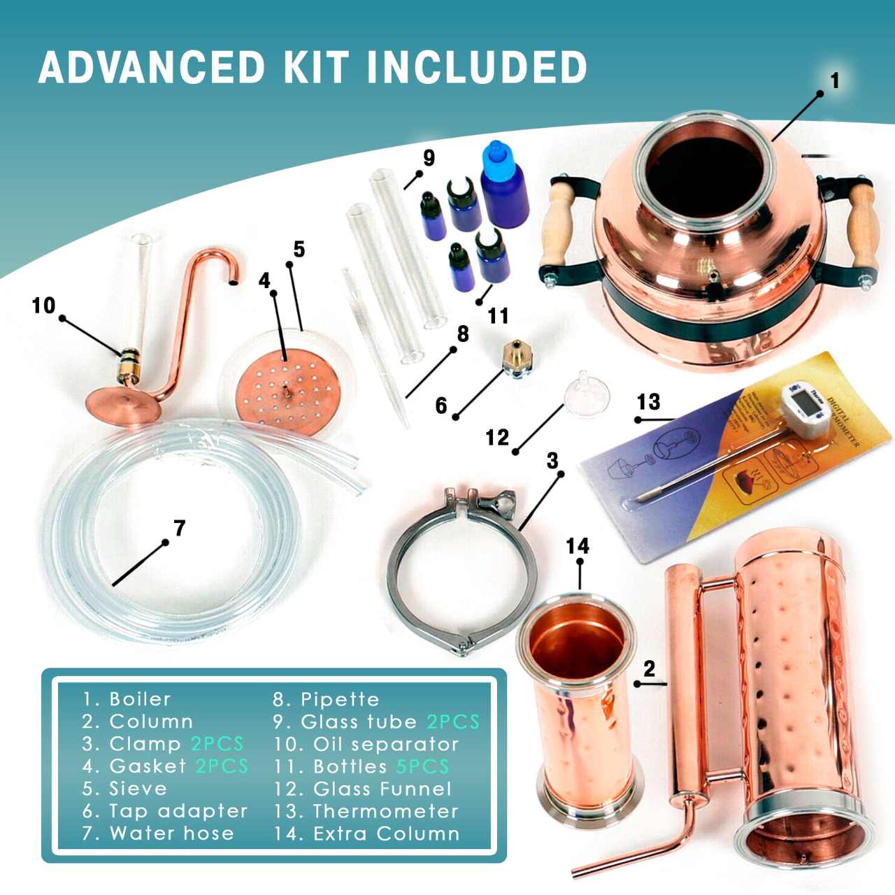 Essential Oil Distiller 1.3G (5L) | column 0.53G+0.53G (2L+2L) - Advanced Kit - Copper Pro