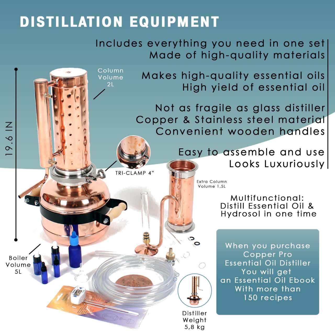 Essential Oil Distiller 1.3G (5L) | column 0.53G+0.53G (2L+2L) - Advanced Kit - Copper Pro