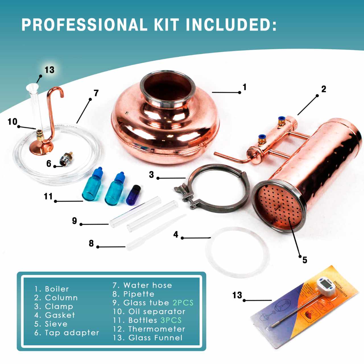 Essential Oil Distiller 2.1G (8L) | column 1.1G (4L) - Professional Kit - Copper Pro