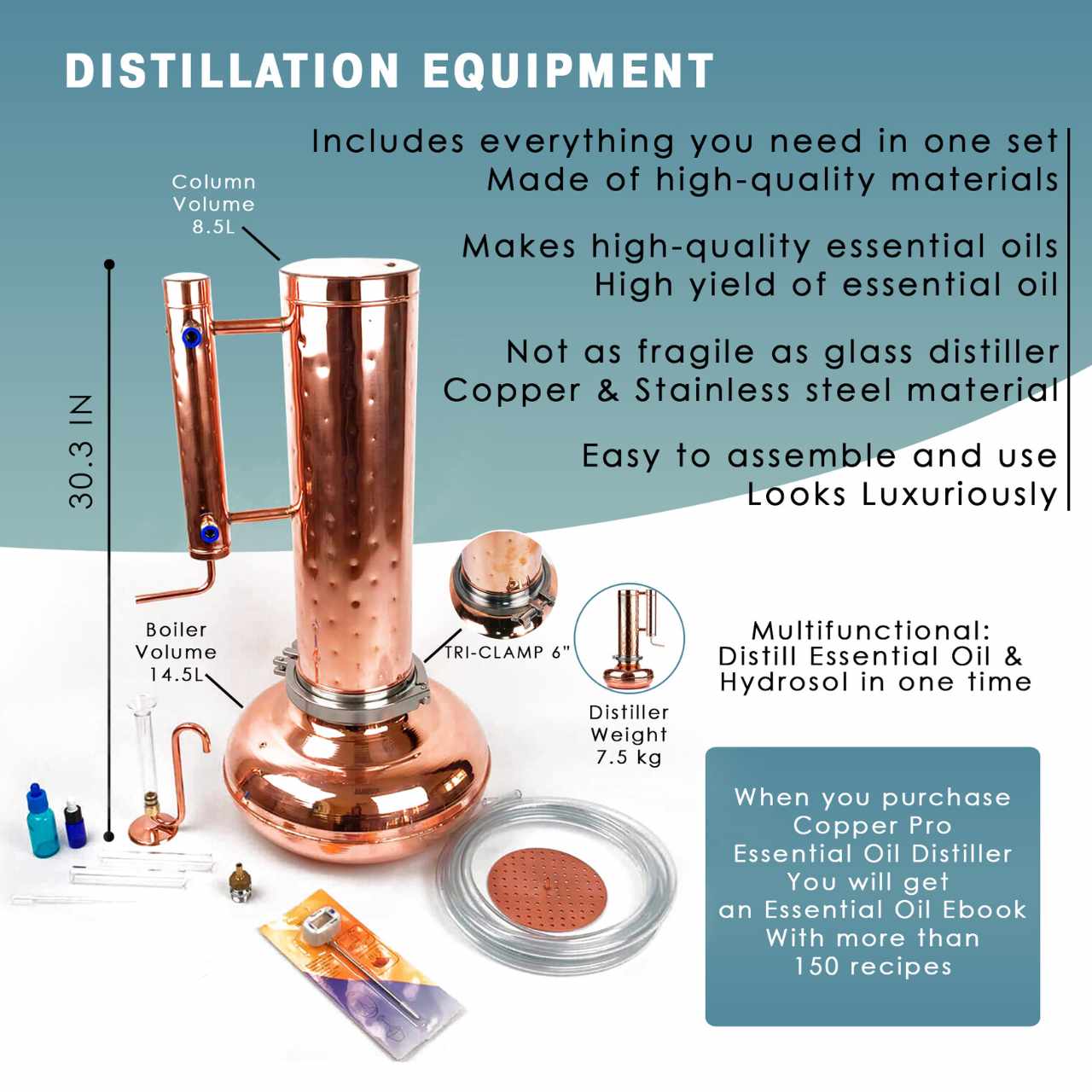 Essential Oil Distiller 2.1G (8L) | column 1.1G (4L) - Professional Kit - Copper Pro