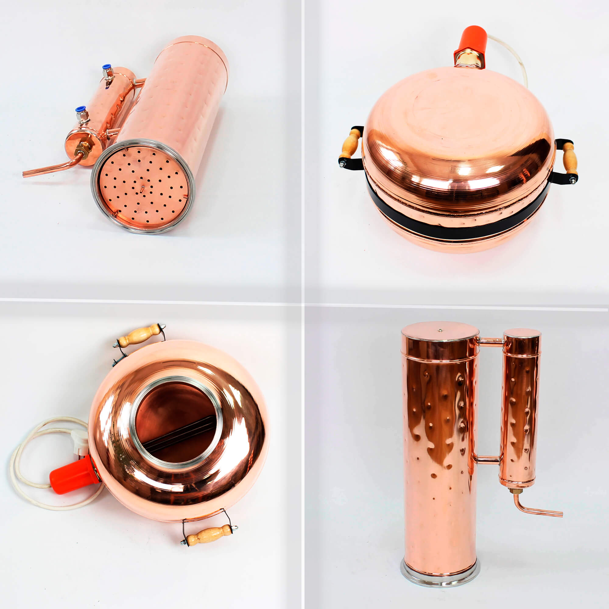 Copper Distiller from different sides. Copper boiler with electric heater.